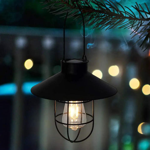 Solar Lantern Outdoor Hanging Light with warm white Edison bulb, black finish, hanging from a tree branch, garden ambiance