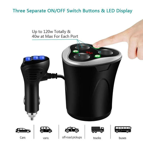 Straight Plug And Play 3 Way Cigarette Lighter Splitter With Triple Usb Car Charger 120W heavy duty charger with LED display and on/off switches