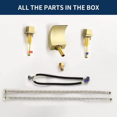 Waterfall Tub Filler Faucet Deck Mount With 3 Hole Brushed Gold Brass Finish parts and installation hardware displayed