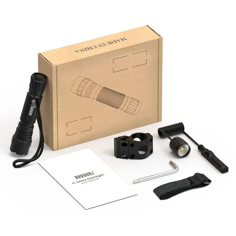 Contents of 1200 Lumen Tactical Flashlight With M Lock Mount, Dual Switch Momentary And Constant On, Rainproof And Shockproof Package