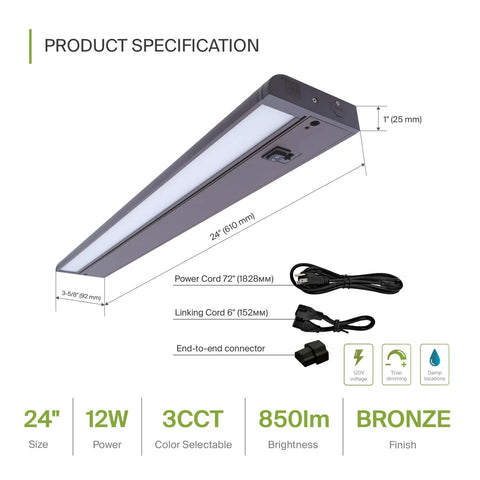 24 Inch Swivel LED Under Cabinet Lights Dimmable 3CCT 2700K To 4000K No Fuss Plug In Or Hardwired Install Bronze Finish