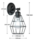 Industrial Wire Cage Wall Sconce Two Pack Vintage Farmhouse Lighting dimensions shown on black metal fixture