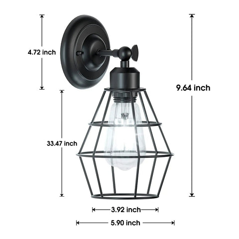 Industrial Wire Cage Wall Sconce Two Pack Vintage Farmhouse Lighting dimensions shown on black metal fixture