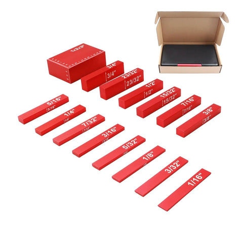 Real Deal Woodworking Inch Setup Blocks For Table Saw Router Adjustment With Battle Ready Aluminum Height Gauges and Crisp Etched Sizes In Sleek Black Dead On Precision Gear, red blocks in various sizes laid out.