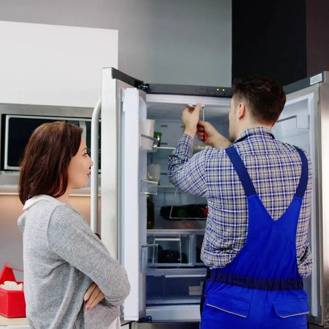 Technician installing Ice Maker Replacement For Samsung Fridge RF2 Compatible With DA97-15217D AP6261445 in open refrigerator
