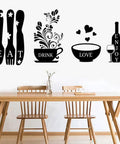 Eat Drink Love Vinyl Wall Decals Set With Heart Of The Home Quote for Dining Room above wooden table and chairs