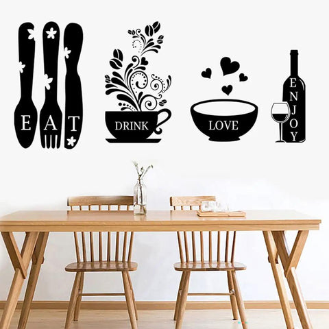 Eat Drink Love Vinyl Wall Decals Set With Heart Of The Home Quote for Dining Room above wooden table and chairs