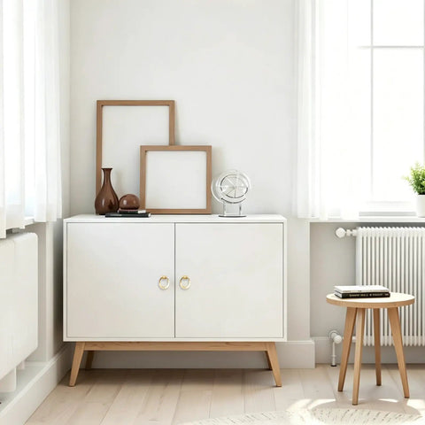 Stylish cabinet with Sleek Round Pull Swing Ring Cabinet Handles 12 Pack Made From Solid Zinc Alloy With Brushed Gold Finish