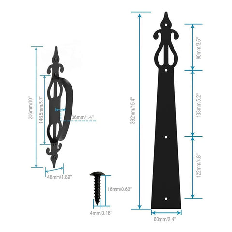 Heavy Duty Decorative Garage Door Hardware Kit With Solid Steel Cabinet Handles And Hinges For Frameless And Framed Doors, detailed measurements included.