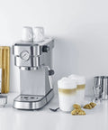 Top Shelf Semi Automatic Espresso Machine With 15 Bar Pump Pressure For Bold Italian Shots Built From Sleek Stainless Steel With Cups.