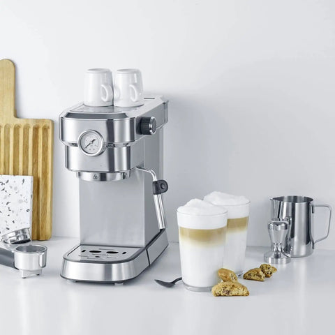 Top Shelf Semi Automatic Espresso Machine With 15 Bar Pump Pressure For Bold Italian Shots Built From Sleek Stainless Steel With Cups.