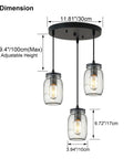 Industrial Mason Jar Pendant Lights for Kitchen Island with dimensions, adjustable 3-light glass hanging lamps, modern farmhouse design.