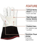 Pro Grade TIG Welding Gloves With Top Grain Leather For Maximum Dexterity Three Piece Finger Design And Keystone Thumb For Ergonomic Control Heat Resistant For Safe Welding Medium Size White K2983-M with detailed features including unlined bottom, Kevlar stitching, padded palm, and keystone thumb.