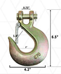 Heavy Duty Half Inch Grade 70 Forged Clevis Slip Hook With Secure Safety Latch For Trailer Towing And Chain Rigging Two Piece Pack, dimensions 6.5" x 4.2".