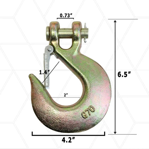 Heavy Duty Half Inch Grade 70 Forged Clevis Slip Hook With Secure Safety Latch For Trailer Towing And Chain Rigging Two Piece Pack, dimensions 6.5" x 4.2".