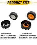 40 Piece Plastic Toy Wheel Kit With 2mm Shafts And Metal Axles For DIY Model Cars Trucks Robots And Helicopters showing wheel sizes