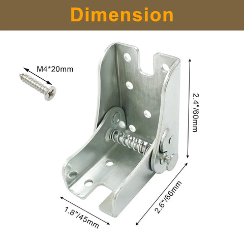 Hella Sturdy Folding Table Leg Brackets Self Locking Heavy Duty Hinge Set shown with dimensions and a screw, made of zinc plated steel.