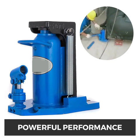 Heavy Duty Toe Lift Jack Featuring Air Hydraulic Action And Heat Treated Steel Cylinder for efficient car servicing in blue design.