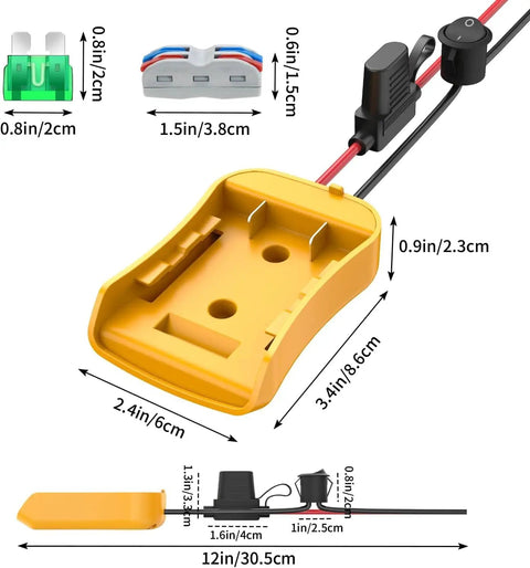 Diagram of Yellow Battery Adapter For Easy Power Swaps, Plug And Play Universal Compatibility, 1 Pack, showing measurements and connectors