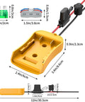 Power Wheel Battery Adapter Kit For 20V Dewalt Batteries with fuse holder, switch, terminals, 12AWG wire dual pack, dimensions shown