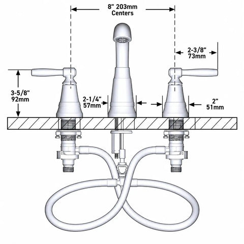 Diagram showing installation of Halle Spot Resist Brushed Nickel Widespread Bathroom Faucet with 3-hole setup and dimensions.