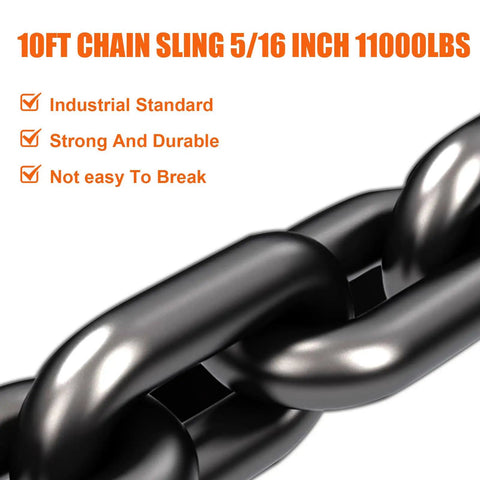 Rock Solid Heavy Hitter 4 Way Chain Lifting Sling With Grab Hooks 10 Feet Long 5/16 Inch Diameter 11000 Lb Capacity close-up of chain links