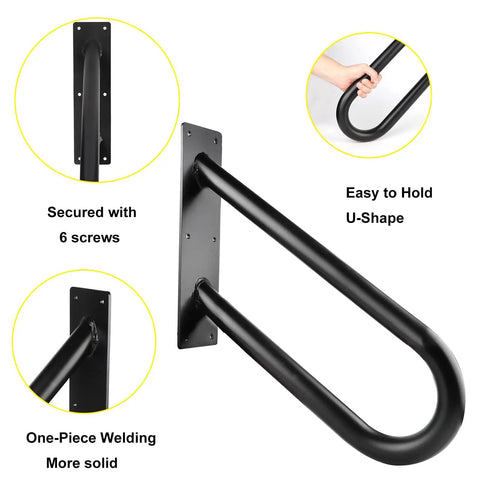 Sturdy 18 Inch Outdoor Stair Handrail For 1 To 2 Steps, Black U Shaped Wall Mount Grab Bar, Easy Install Safety Rail