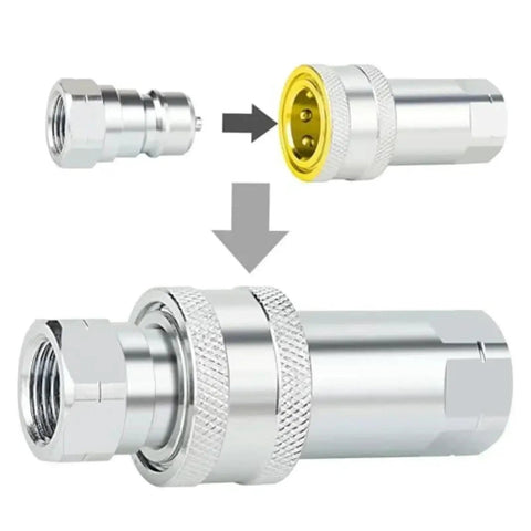Unlock The Full Potential With These Two Sets Of Heavy Duty Hydraulic Quick Connect Couplers Covering 1/4 3/8 And 1/2 Inch Npt Sizes With Dust Safety Caps To Keep Debris Out Secure And Stable Fits For Pump Tractor Systems Easy Snap Install Saves Cash For silver hydraulic quick connect coupler with threaded NPT end and dust cap