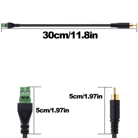 RCA Screw Terminal Block Adapter Cable Solderless Connector 2 Pin RCA Male To AV Extension For Speaker Replacement And Repair Pluggable Audio Video Converter Cord 30cm Pack Of 2 shown with measurements