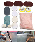 Glass Polishing Kit 34Pc Set For Windshields And Glass Scratch Remover Tool with pads, cerium oxide powder, and wheel in use