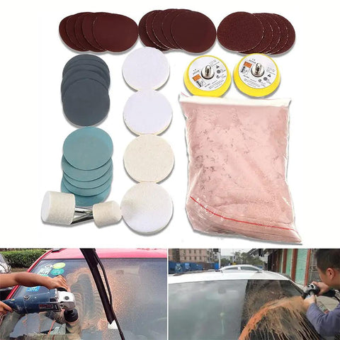 Glass Polishing Kit 34Pc Set For Windshields And Glass Scratch Remover Tool with pads, cerium oxide powder, and wheel in use