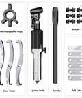 Heavy Duty Hydraulic Wheel Bearing Puller Kit With 50 Ton Lift And Pro Shop Gear Puller Set parts including pump body, claw hooks, and screws.