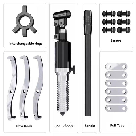 Heavy Duty Hydraulic Wheel Bearing Puller Kit With 50 Ton Lift And Pro Shop Gear Puller Set parts including pump body, claw hooks, and screws.