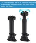 Adjustable Furniture Legs 46mm Base Thin Height 150-180mm, 4 Pack Leveling Feet For Bed Frame Sofa Coffee Table Cabinet Black Heavy Duty Easy Install Anti Slip Sturdy Support Low Profile Design, black adjustable leg with twist height adjustment
