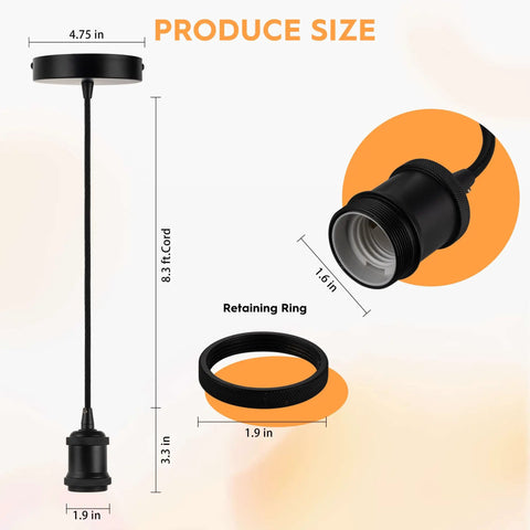 Harwez Matte Black Industrial Vintage Mini Pendant Light Kit E26 LP-0661 dimensions showing 4.75'' canopy and E26 lampholder.
