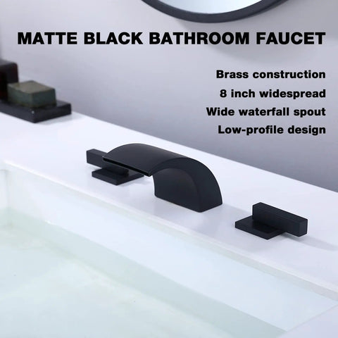 Low Arc 8 Inch Widespread Matte Black Bathroom Faucet With 3 Hole Brass Wide Spout Waterfall Style, Double Handle Vanity Sink Tap, Includes Waste Drain, Solid Brass Construction, Sleek Dope Modern Square Design