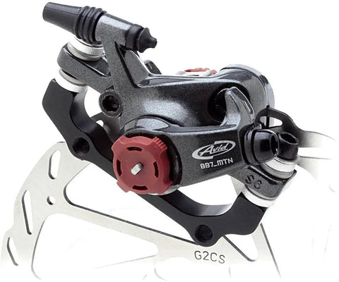 Heavy Duty MTB Disc Brake Set For Front Or Rear Bike Includes Kickass 160Mm Rotor Aluminum Caliper Tri Align Setup with red accents.