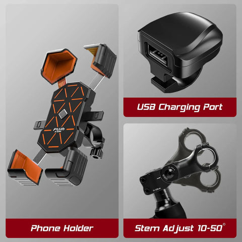 Image showing phone holder, USB charging port, and adjustable stem for Powerful Dual Motor 4000W Fat Tire Electric Bike.