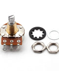 Front view of a 500K short split-shaft audio-taper potentiometer with mounting nut and washers