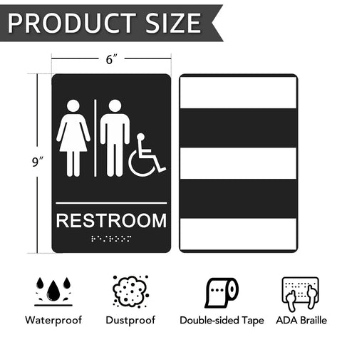 Diagram of ADA Braille Unisex Restroom Sign 9 By 6 Inches With Self Adhesive Tape, showing dimensions and features.