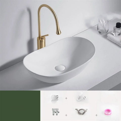 USZWBY Bathroom Vessel Sink Bowl Basin Art Personalized Sinks Creative Ceramic Countertop Basin Hand Wash Basin showcasing a gold faucet and smooth white basin.