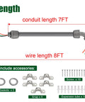 8ft Liquid Tight Conduit Kit with 1/2 inch pre-wired electrical whip, including 3x10AWG THHN copper wires and accessories shown.