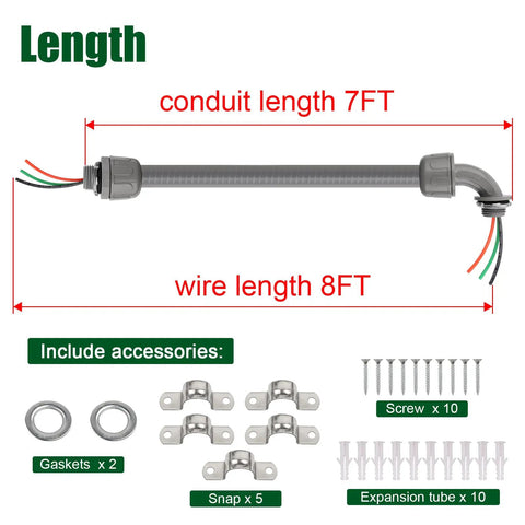 8ft Liquid Tight Conduit Kit with 1/2 inch pre-wired electrical whip, including 3x10AWG THHN copper wires and accessories shown.