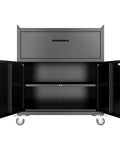 35 Inch Adjustable Tool Storage Cabinet With Silent Glide Lockable Casters And Industrial Grade Secure Latch For Zero Drama Garage Organization In Matte Black, open view showing dual compartments and storage drawer.