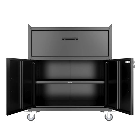 35 Inch Adjustable Tool Storage Cabinet With Silent Glide Lockable Casters And Industrial Grade Secure Latch For Zero Drama Garage Organization In Matte Black, open view showing dual compartments and storage drawer.