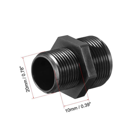 Black nylon fitting with threaded design, showing 20mm and 10mm dimensions, used for secure connections.