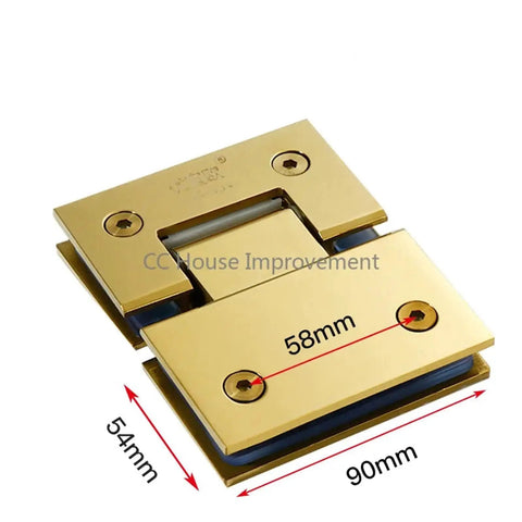 Heavy Duty Rock Solid 90 And 180 Degree Glass Bracket Clamp Shower Door Hinge Built Damn Tough With Premium 304 Stainless Steel Frameless Bathroom Hardware Replacement In Classic Gold, 90mm x 54mm design.