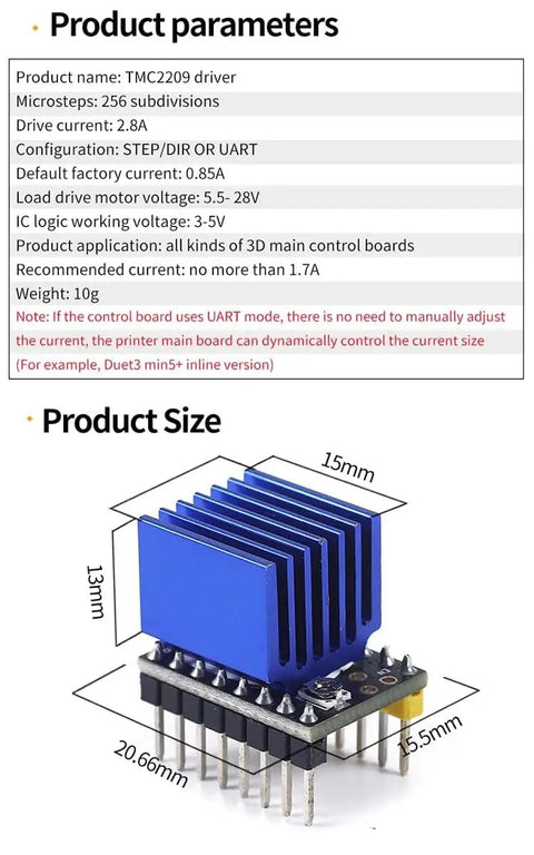 TMC2209 V2.0 Stepper Driver With UART Ultra Silent 2.5A, 5-piece set, large heatsink, dimensions labeled, for Ender 3 3D printer upgrade