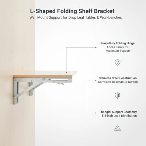Heavy Duty Stainless Steel L Shaped Folding Shelf Bracket Wall Mount For Drop Leaf Tables And Workbenches Built Tough Space Saving