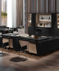 Modern Executive Computer Desk With Built In Storage Cabinet, Grind Ready Home Office Workstation, Boss Approved Writing Table in black finish.